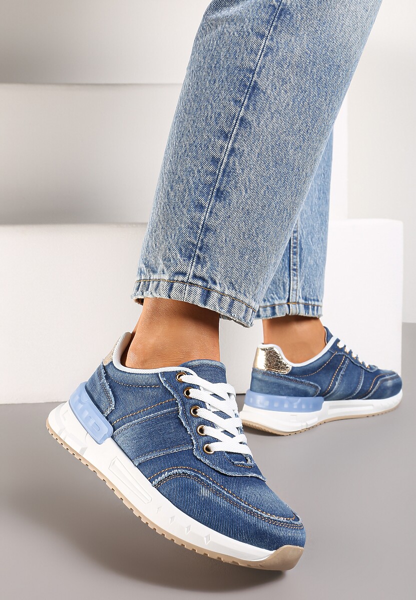 Granatowe Sneakersy z Jeansowego Materiału ze Złotymi Wstawkami i Ozdobnymi Przeszyciami Anilema