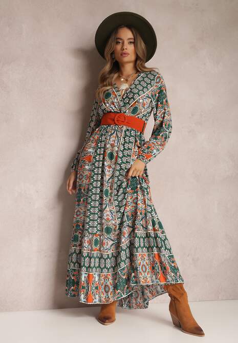 Zielona Sukienka Rozkloszowana z Paskiem Shara