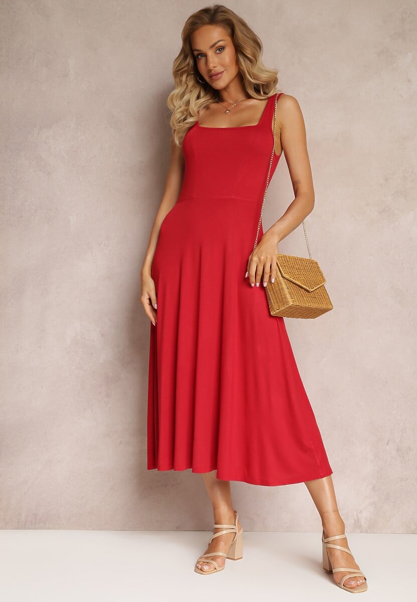 Czarna Midi Sukienka o Rozkloszowanym Fasonie na Szerokich Ramiączkach z Okrągłym Dekoltem Oversoul