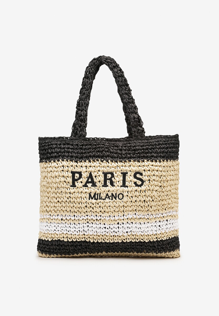 Beżowo-Czarna Pleciona Torebka w Stylu Boho Ozdobiona Napisem Oegelia