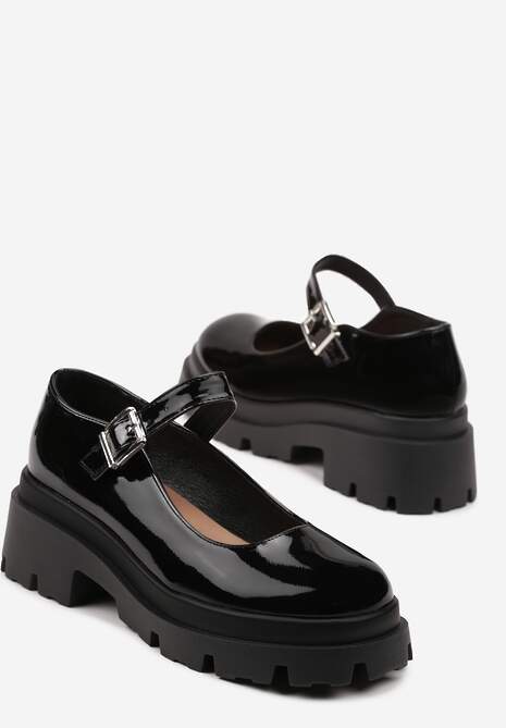 Czarne Półbuty Lakierowane na Platformie i Słupku Zapinane na Sprzączkę Anedela