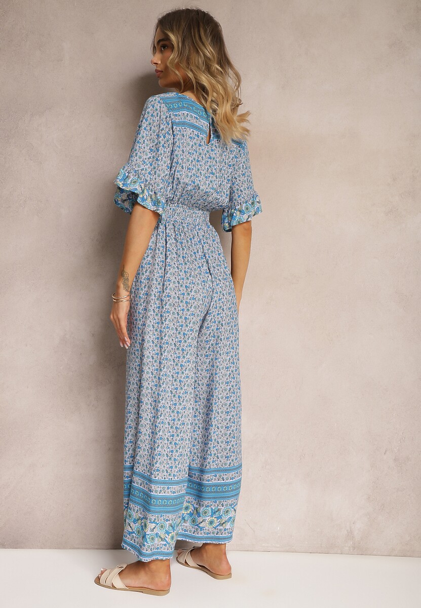 Niebieski Kopertowy Kombinezon Bawełniany z Cienkimi Gumeczkami w Pasie Zapinany na Szyi Orithiama