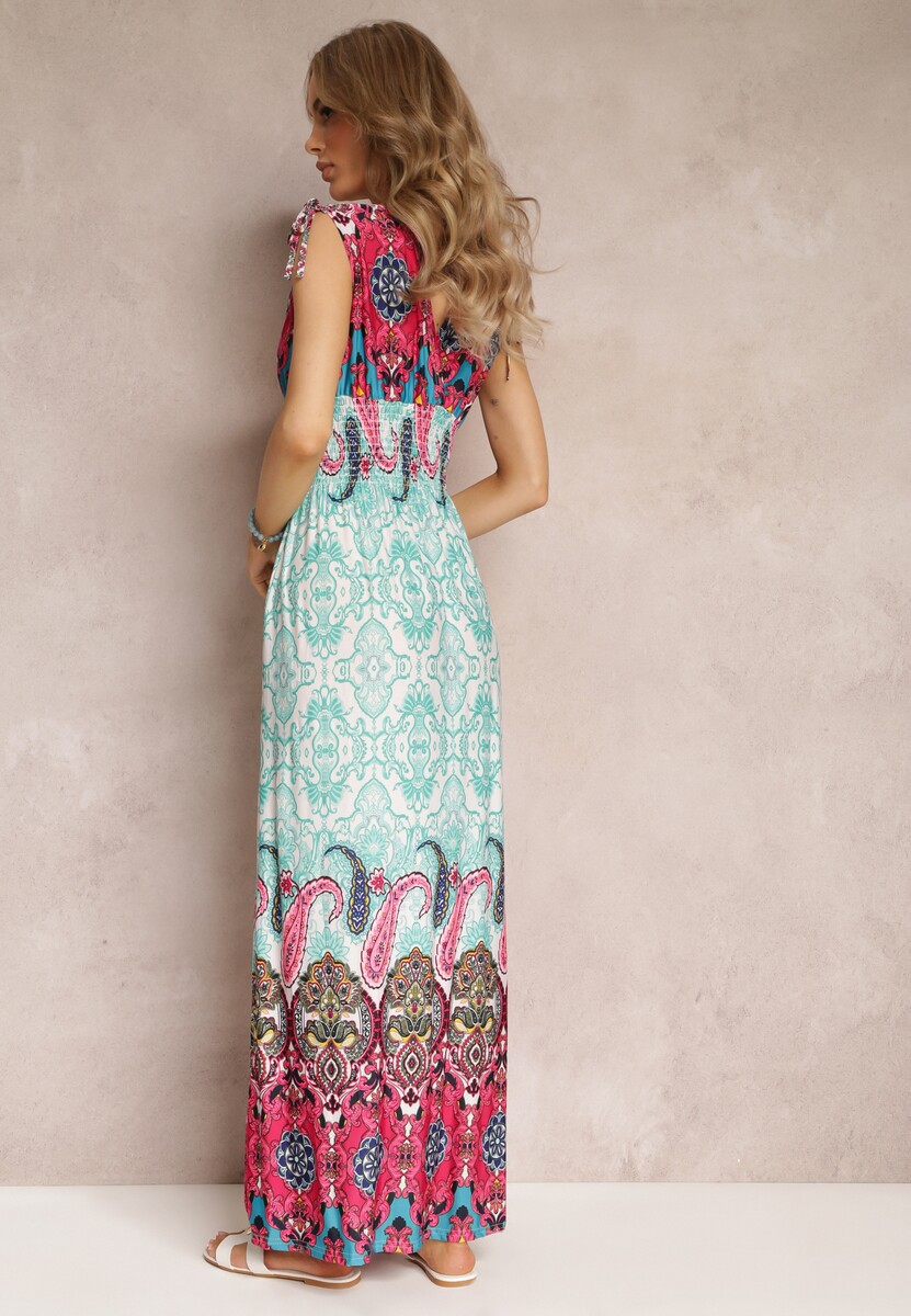 Miętowo-Fuksjowa Sukienka Maxi w Stylu Boho z Gumką w Pasie Bernette
