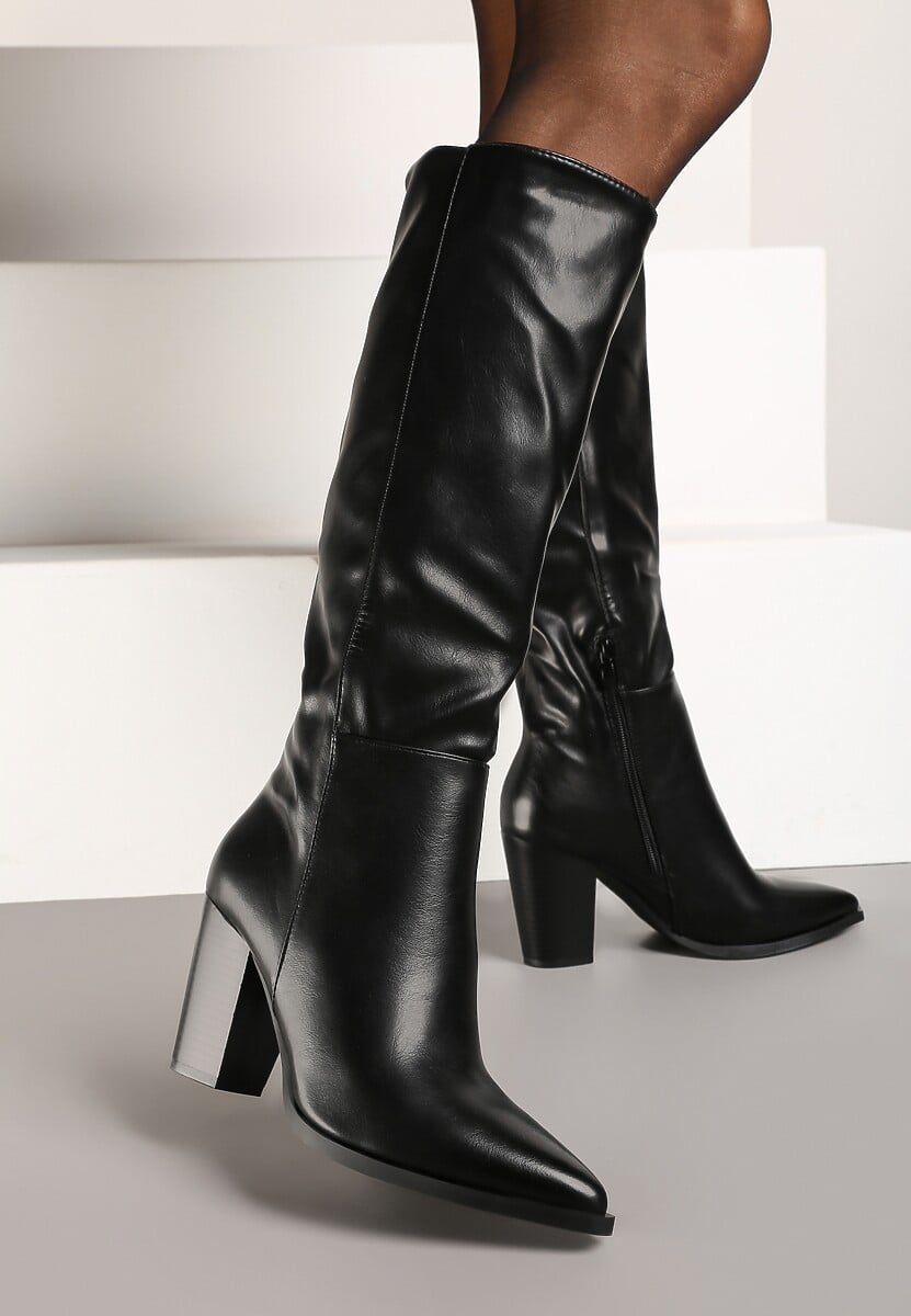 Czarne Casualowe Kozaki na Słupku z Ociepleniem i Dopasowaną Cholewką Niarithraea