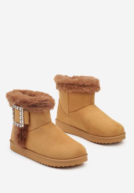 Brązowe Śniegowce  na Płaskiej Podeszwie z Futerkiem i Klamrą z Cyrkoniami Liliara