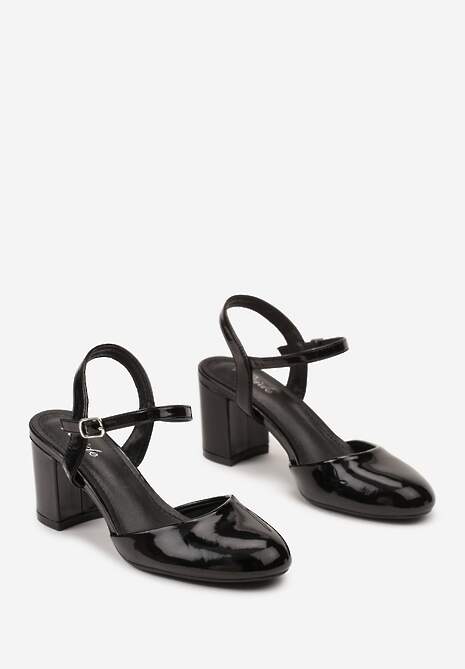 Czarne Czółenka Lakierowane na Sprzączkę z Kwadratowym Słupkiem Orieltia