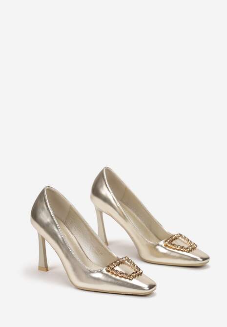 Złote Szpilki z Klamrą w Cyrkonie i Kwadratowym Noskiem Marilan