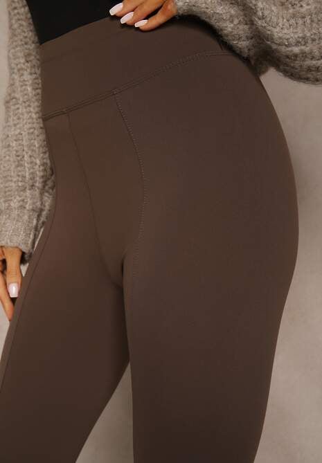 Brązowe Klasyczne Legginsy High Waist z Zapiętkami i Ociepleniem Serafeia