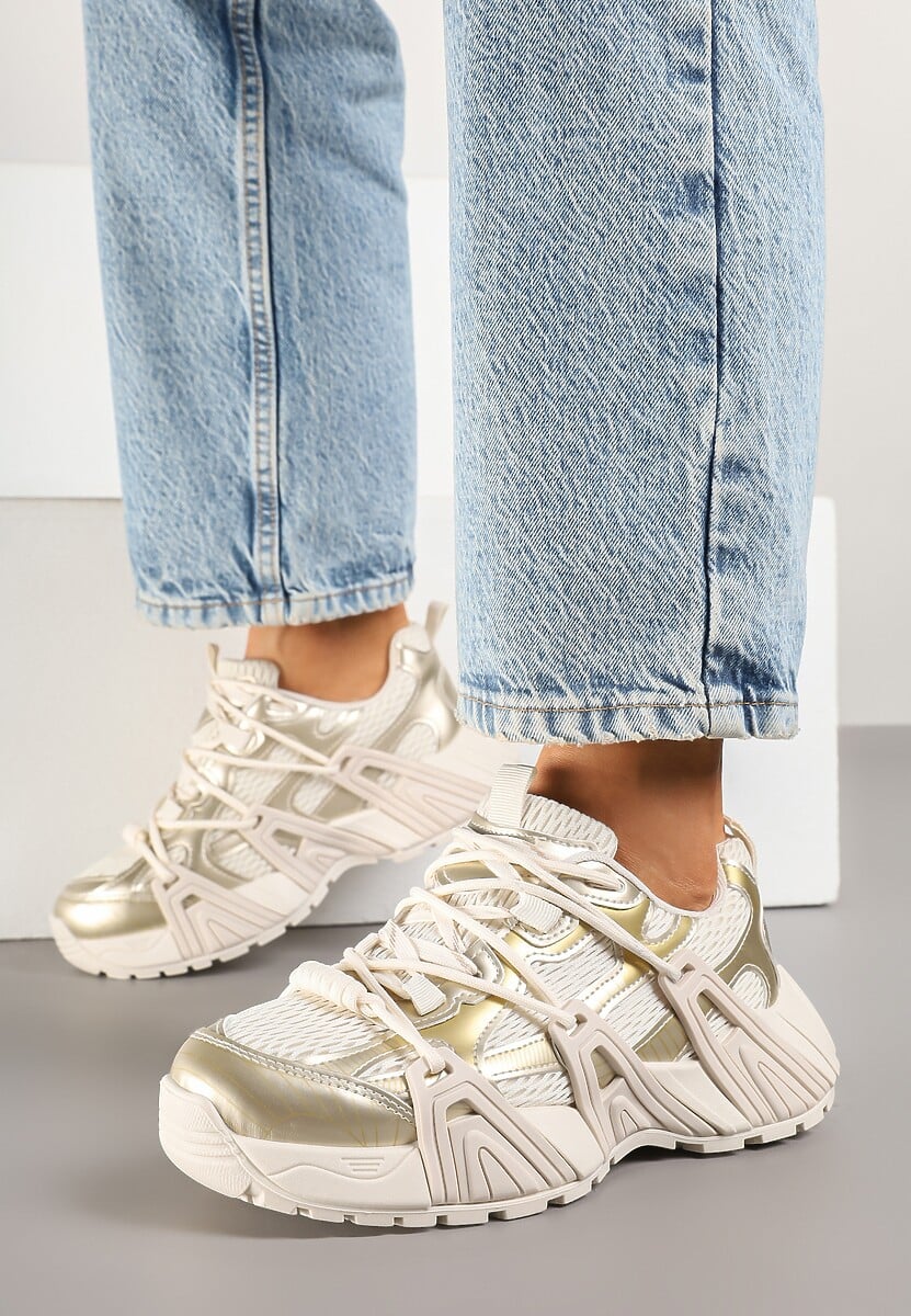 Złote Sneakersy z Designerskim Sznurowaniem Nuritha