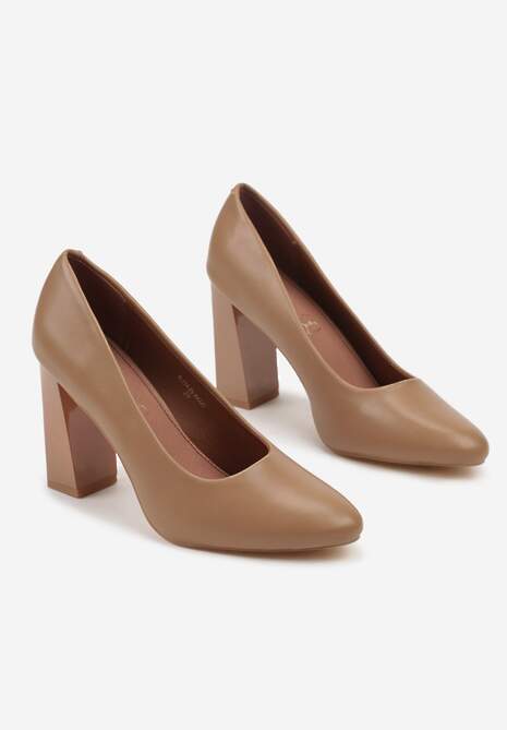 Ciemnobeżowe Czółenka Vices na Słupku Klocku ze Skórzaną Wkładką  Esmela