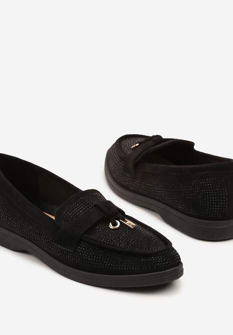 Czarne Mokasyny z Cholewką z Cyrkoniami Zdobione Aplikacją Tenurea