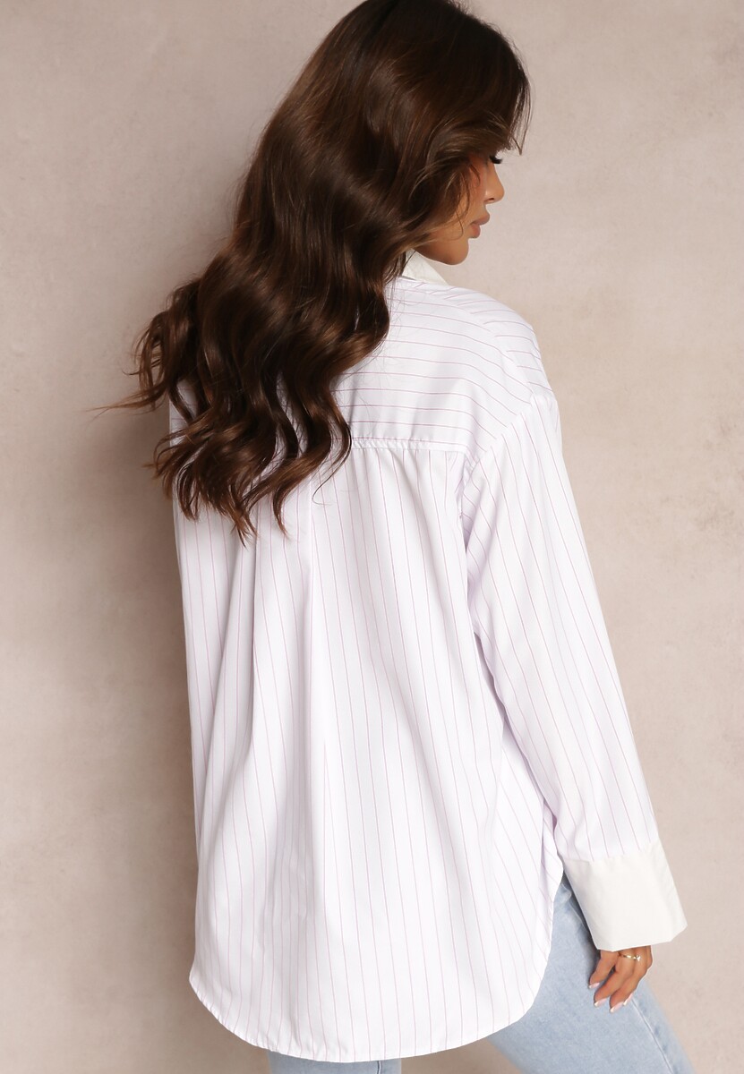 Biało-Różowa Koszula Zapinana na Guziki z Podwijanymi Rękawami Niarin