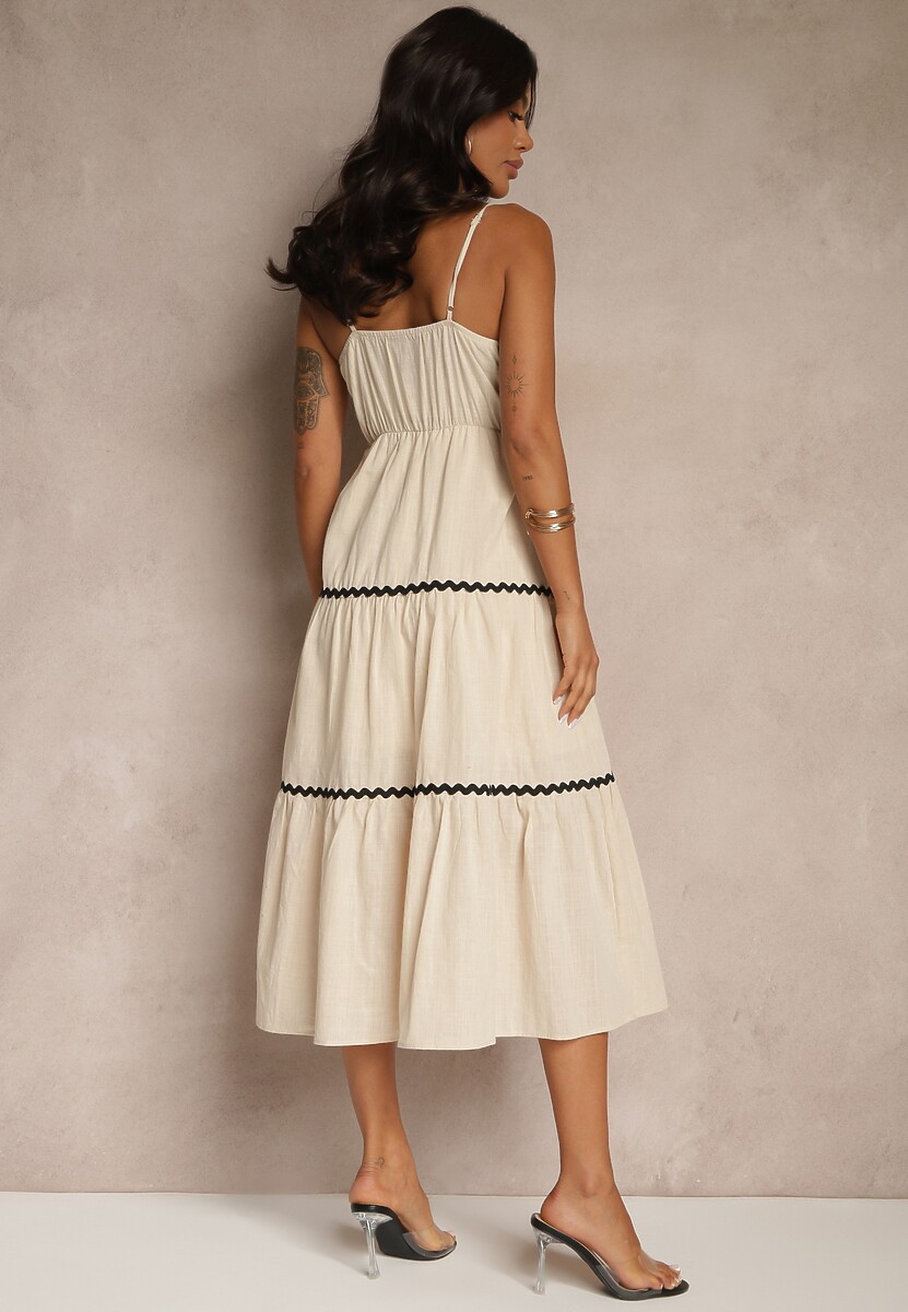 Beżowa Sukienka z Bawełny Ozdobiona Metaliczną Nicią Saraleza