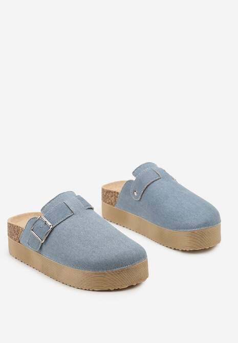 Niebieskie Klapki Chodaki z Ozdobnym Paskiem i Korkową Wstawką na Podeszwie Tesperia
