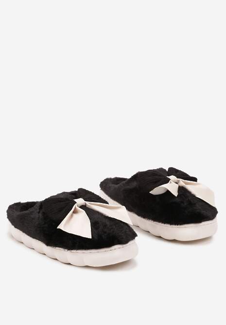 Czarne Kapcie z Dużą Kokardą i Futerkiem Naonelle