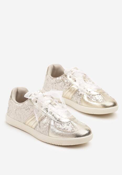 Złote Cekinowe Sneakersy z Wkładką ze Skóry Naturalnej Polwia