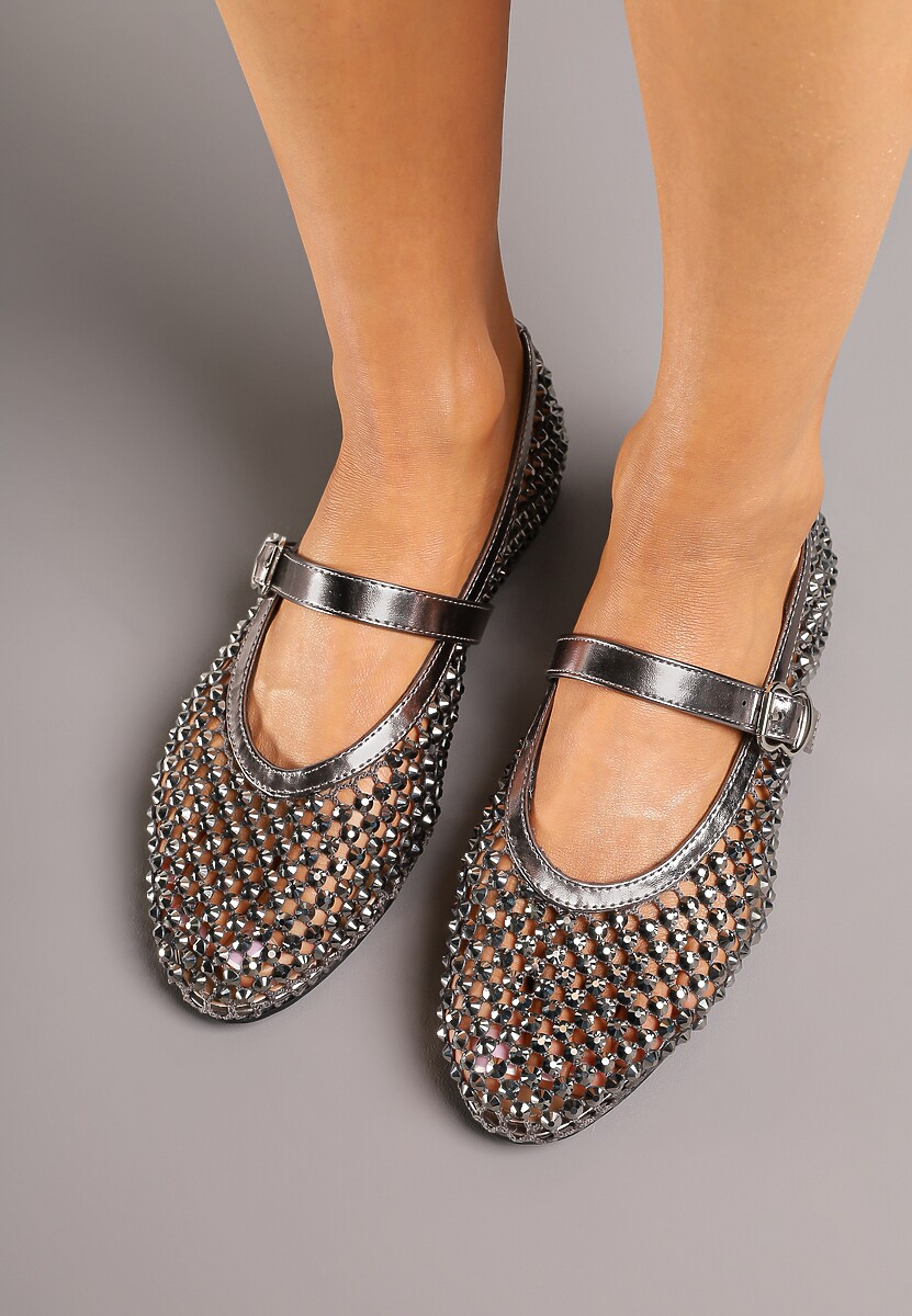 Czarne Siateczkowe Balerinki z Paskiem z Błyszczącymi Cyrkoniami Lisabia