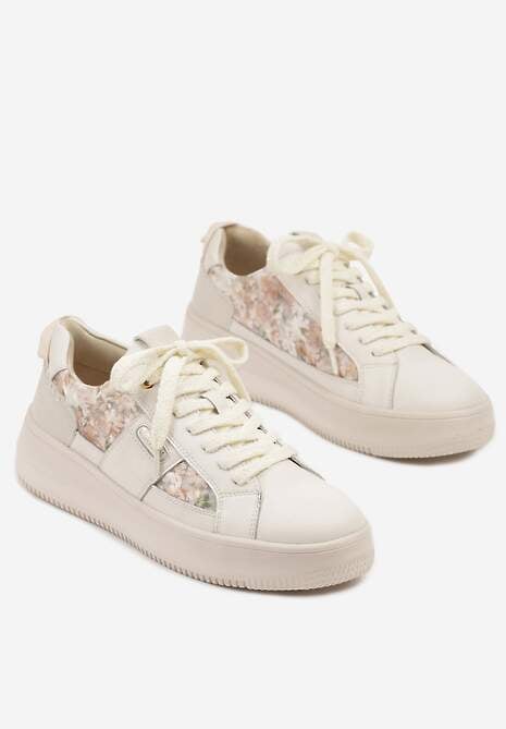 Beżowe Sneakersy ze Skóry Naturalnej z Kwiatami i Napisem Nilalora