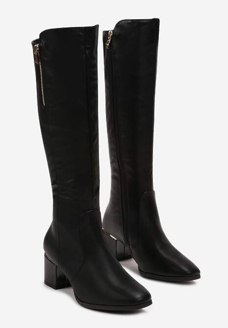 Czarne Kozaki na Słupku z Imitacji Skóry z Ozdobnym Zamkiem Lolerra