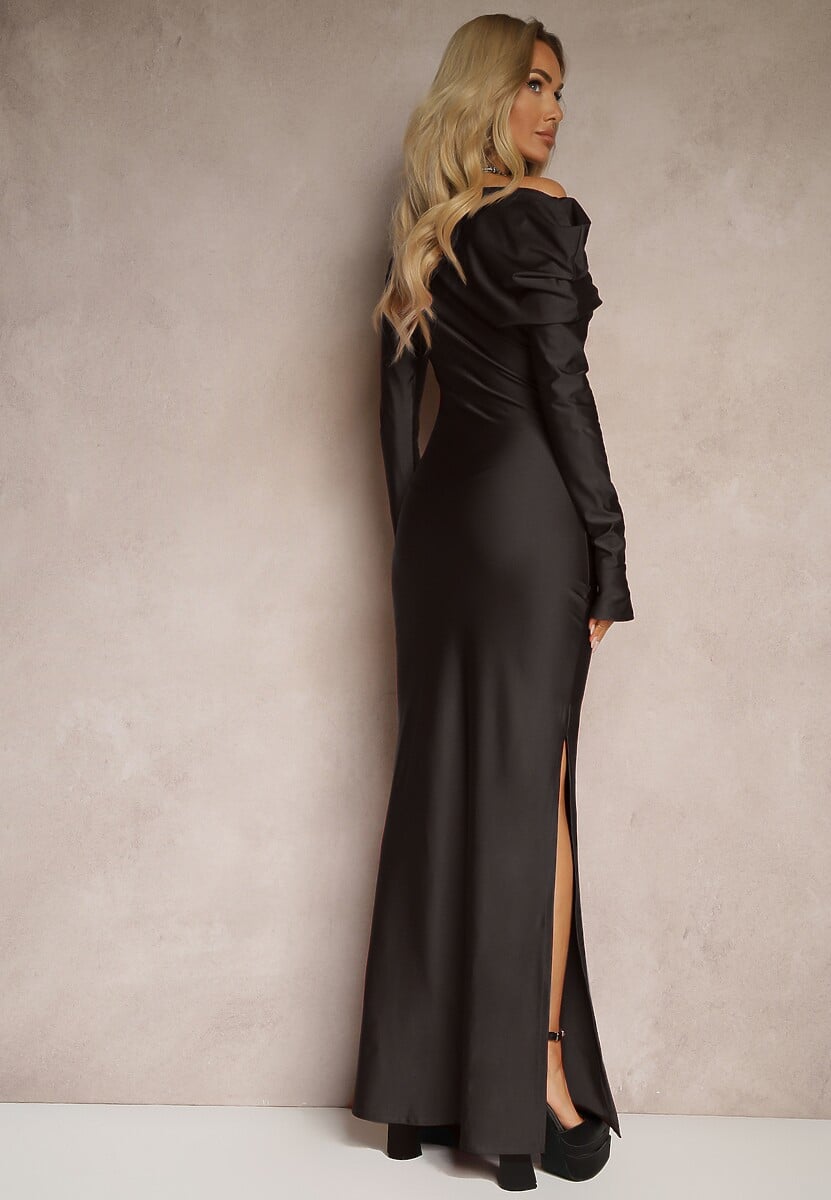 Czarna Asymetryczna Sukienka o Dopasowanym Kroju z Rozcięciem Ravilia