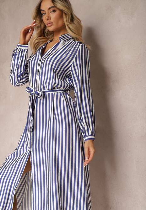 Granatowo-Biała Sukienka o Koszulowym Kroju z Materiałowym Paskiem Zapinana na Guziki Dimori