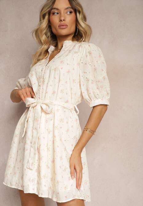 Beżowo-Różowa Trapezowa Sukienka o Kroju Koszulowym Ozdobiona Materiałowym Paskiem w Talii Darnagia