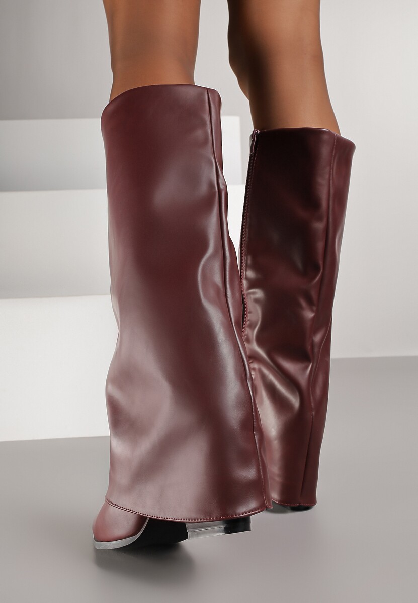 Bordowe Kozaki Kowbojki na Stożkowym Obcasie Ozdobione Wywiniętą Cholewką Nalunisa