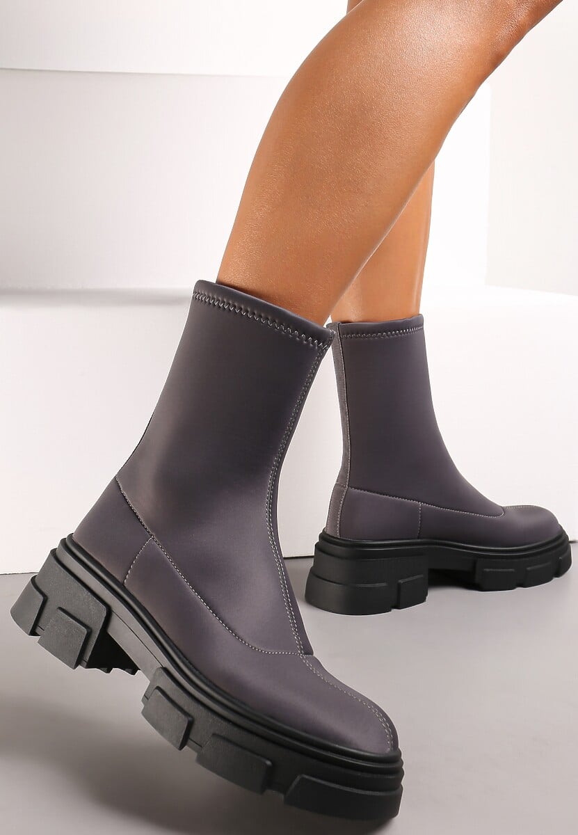 Szare Wsuwane Botki z Elastyczną Cholewką Tyello