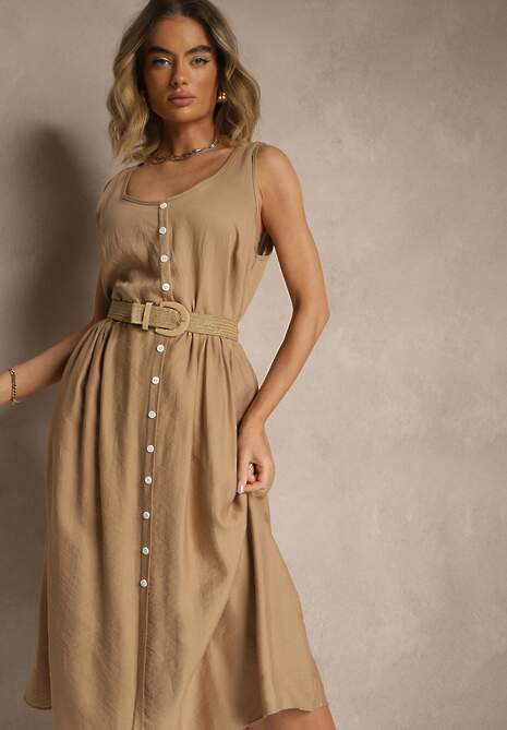 Ciemnobeżowa Rozkloszowana Sukienka z Wiskozy Ozdobiona Guzikami Nataviela