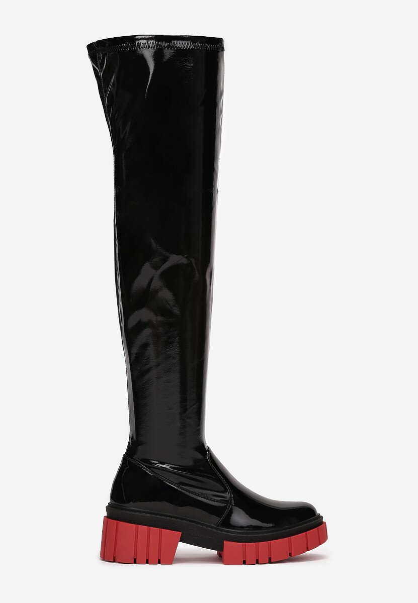 Czarne Kozaki Muszkieterki Winylowe na Grubej Podeszwie Laenala