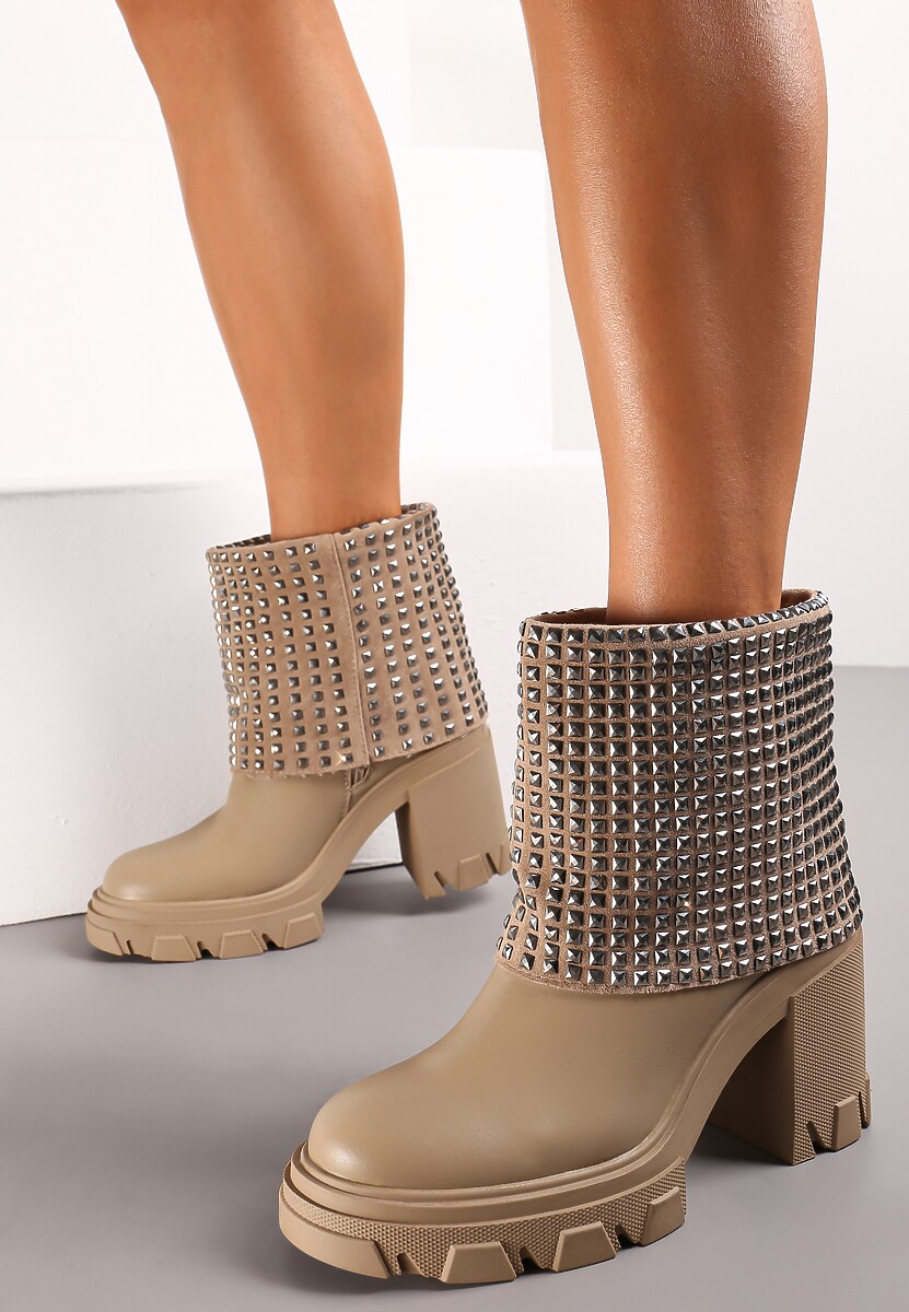 Beżowe Botki z Wywiniętą Cholewką Ozdobioną Cyrkoniami na Platformie i Słupku Felirok