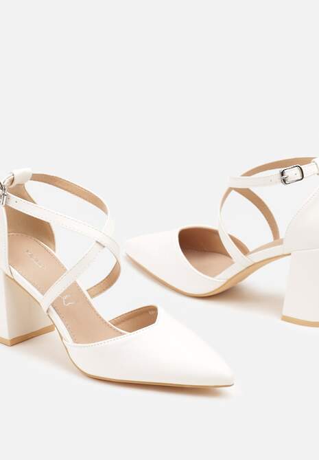 Białe Czółenka Vices na Słupku ze Skórzaną Wkładką Ozdobione Paskami Learelia