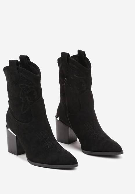 Czarne Ażurowe Botki na Słupku w Kowbojskim Stylu Mevith