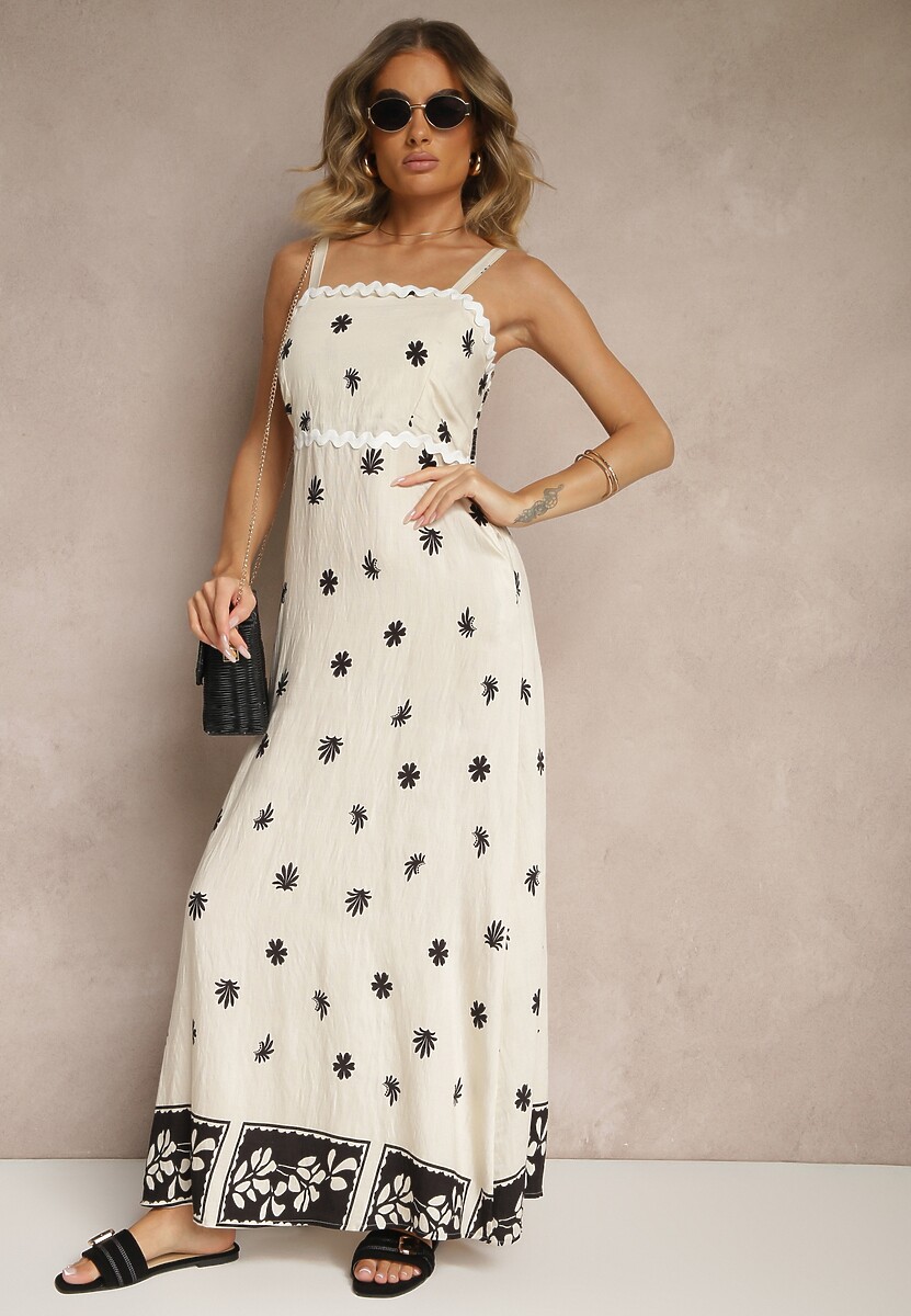 Beżowa Sukienka z Wiskozy Ozdobiona Geometrycznym Motywem Lunessa