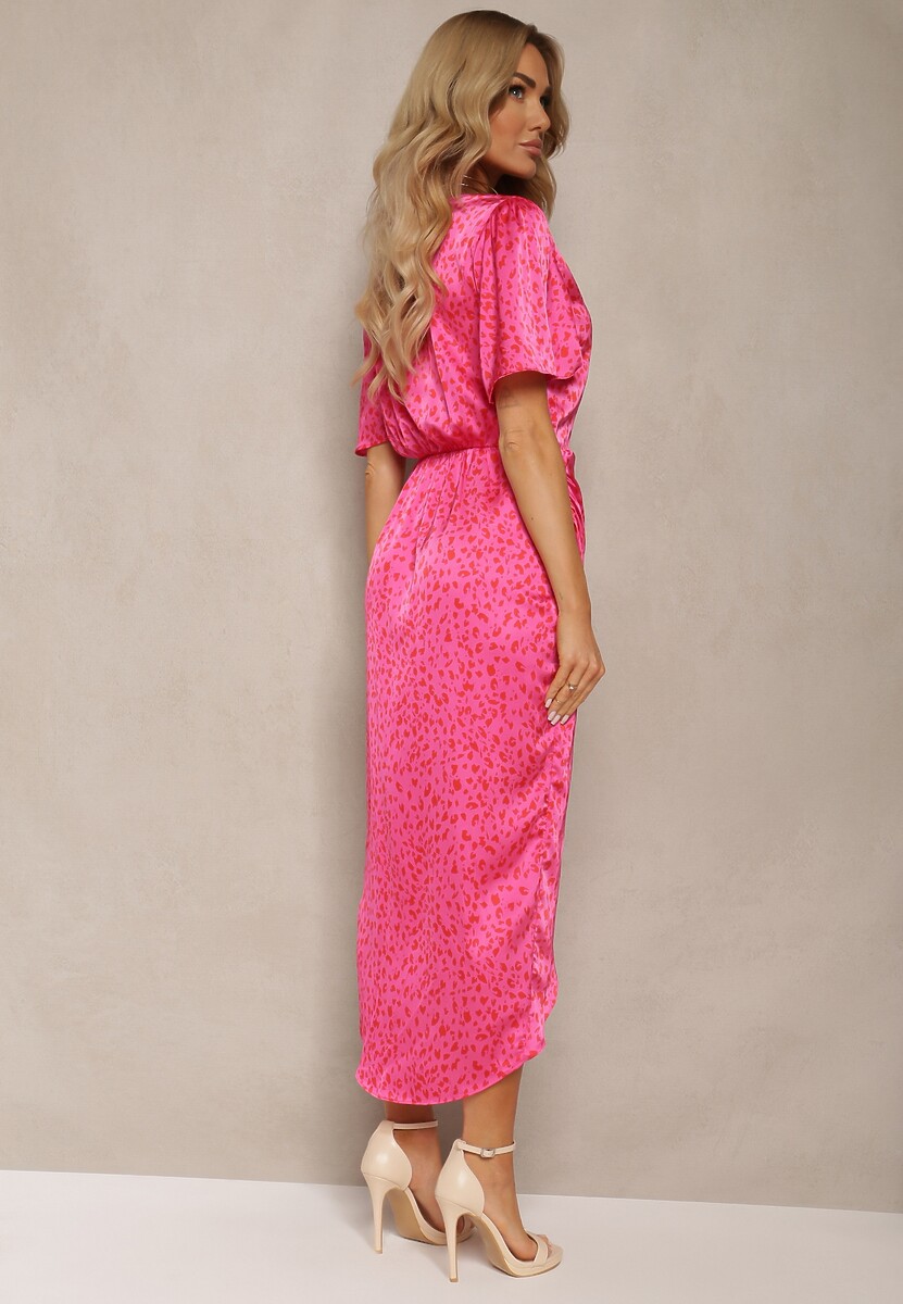 Fuksjowa Sukienka z Kopertowym Dekoltem z Gumką w Talii Ozdobiona Marszczeniem Pasolia