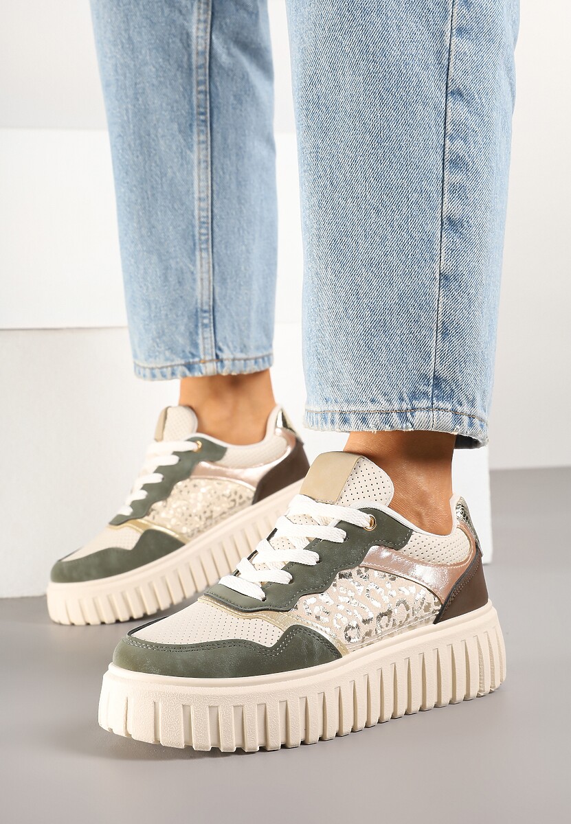 Beżowo-Zielone Sneakersy na Platformie z Tłoczeniami Zdobione Panterkowym Printem Herraza