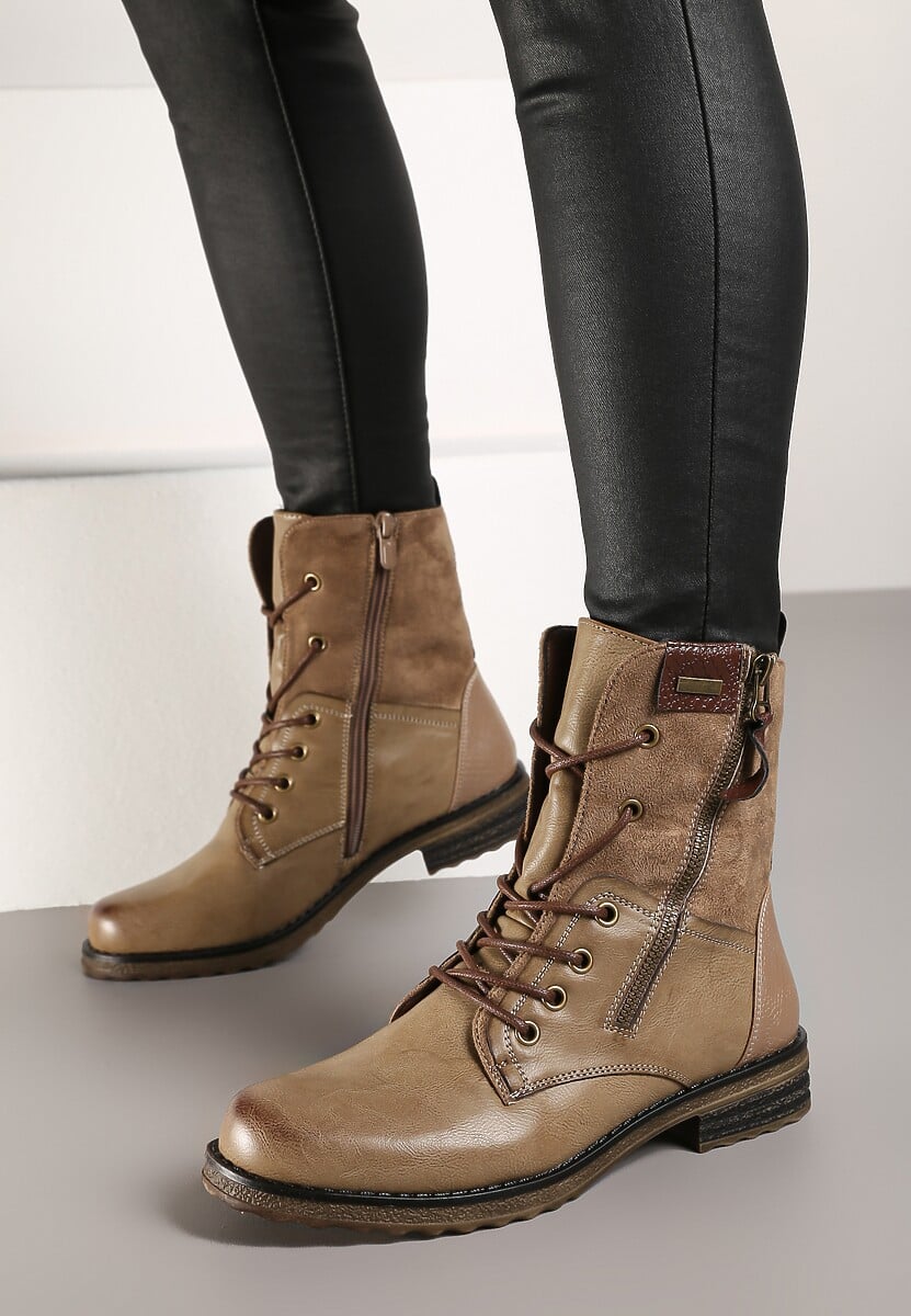 Ciemnobeżowe Botki Sznurowane z Zamkiem Hiyab