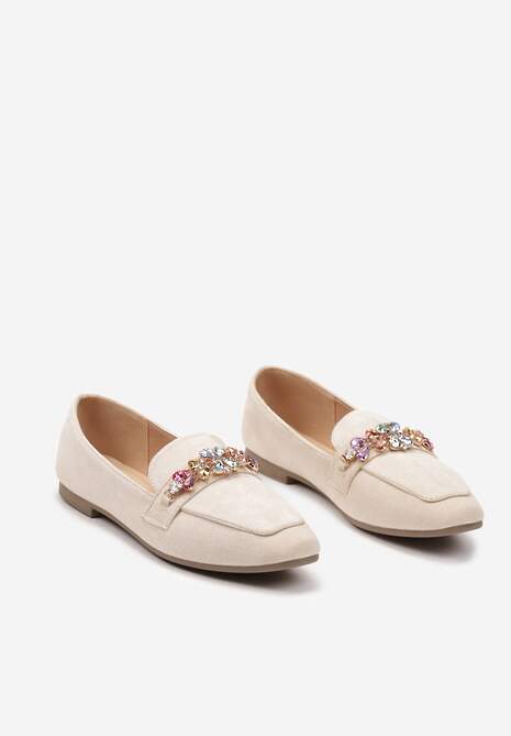 Beżowe Mokasyny z Ekozamszu z Klamerką z Cyrkonii i Kryształków Illarae