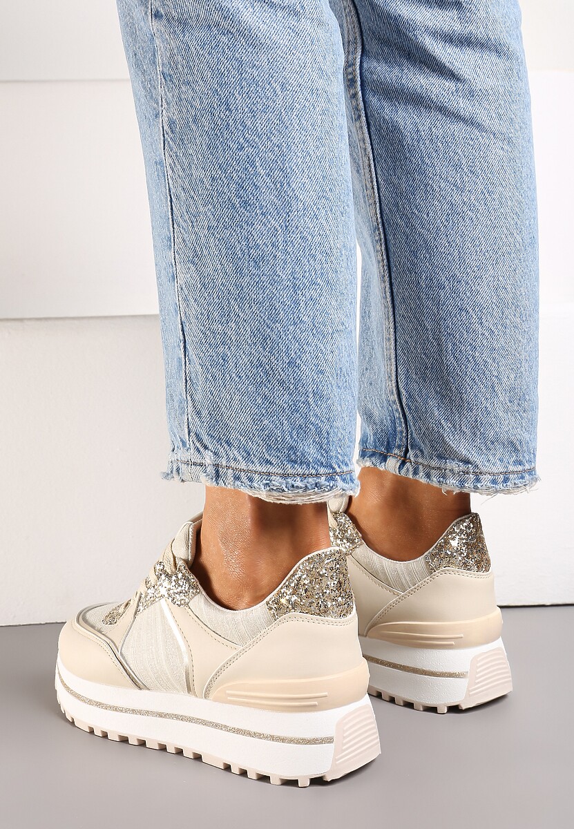 Beżowe Sneakersy na Platformie ze Wstawkami z Brokatu Ovilia