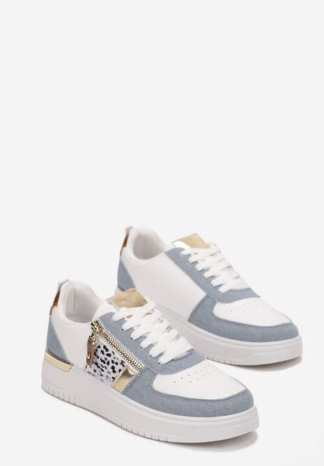 Biało-Niebieskie Sneakersy przed Kostkę z Suwakiem i Metaliczną Wstawką Ludovico