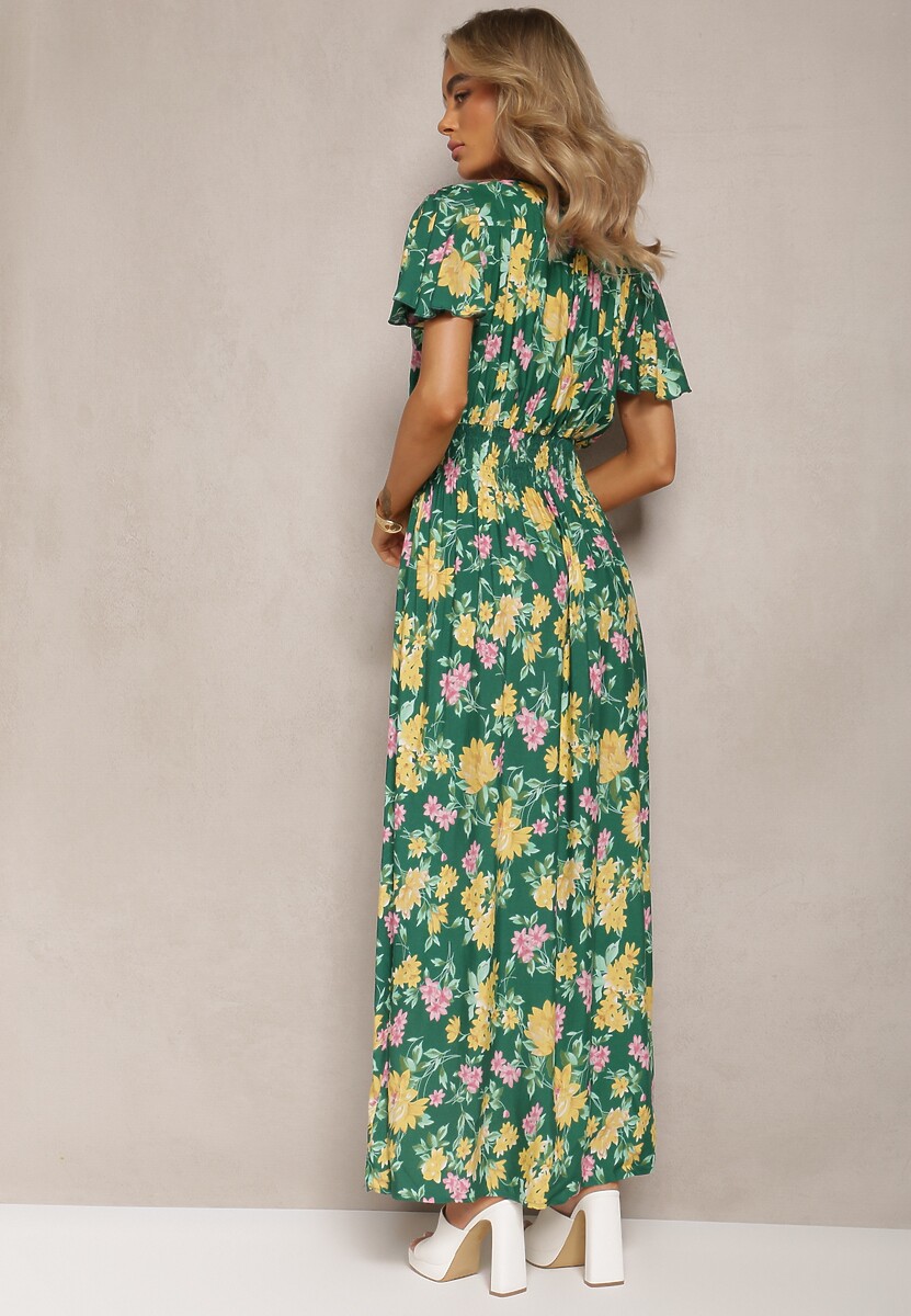 Zielono-Żółta Maxi Sukienka w Kwiaty z Wiskozy o Rozkloszowanym Kroju z Kopertowym Dekoltem Brilva