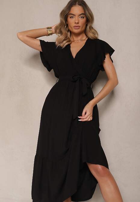 Czarna Kopertowa Sukienka z Wiskozy Ozdobiona Paskiem Savioneira