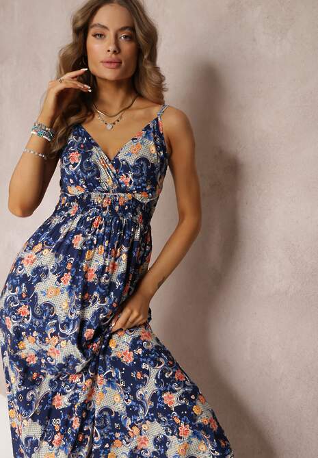 Granatowa Rozkloszowana Sukienka Maxi na Regulowanych Ramiączkach z Gumką w Talii Gwendi