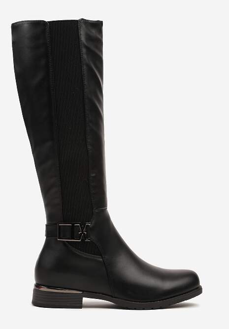 Czarne Płaskie Kozaki w Stylu Muszkieterek z Ozdobną Klamrą Annelis