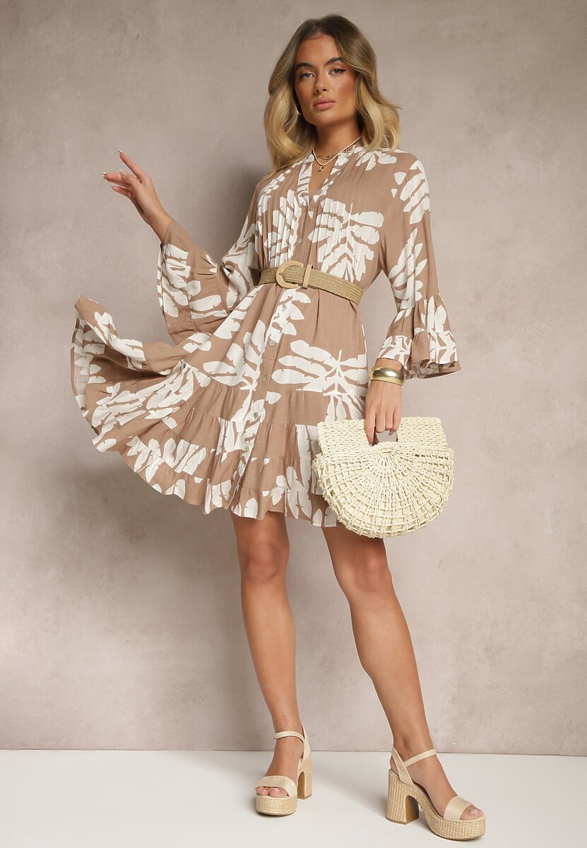 Ciemnobeżowa Koszulowa Sukienka z Wiskozy z Falbankami w Liściasty Wzór Ridiella