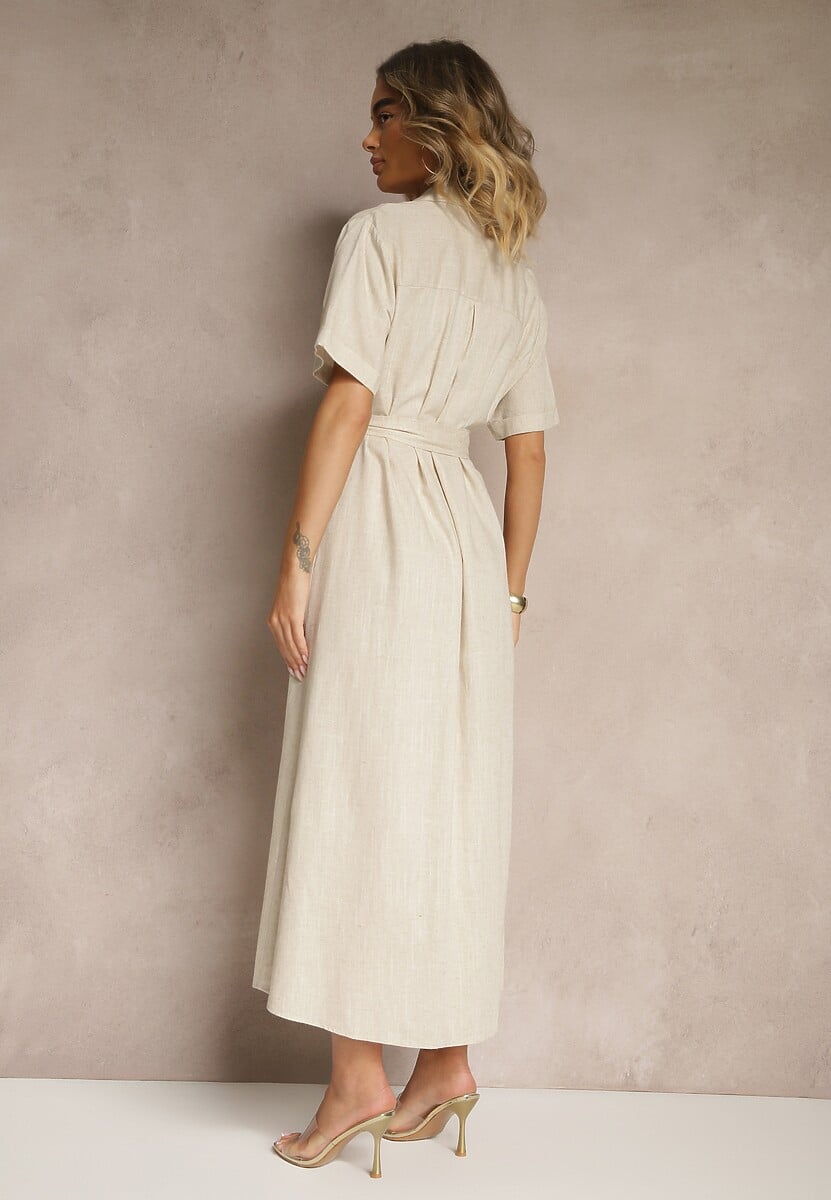 Beżowa Sukienka z Lnu i Wiskozy o Koszulowym Fasonie Weolara