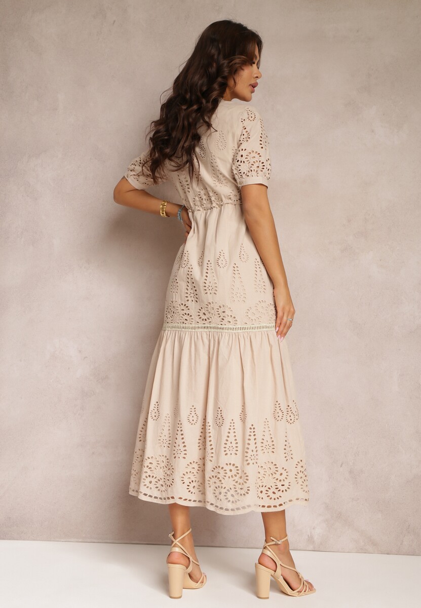 Beżowa Haftowana Sukienka Bawełniana ze Ściągaczem w Talii Ineryna