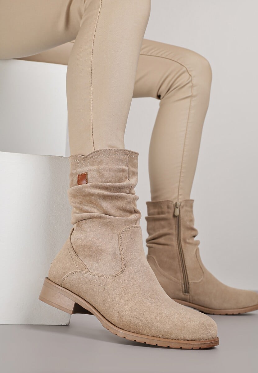 Beżowe Botki z Cholewką za Kostkę z Ozdobnymi Marszczeniami Merivinae