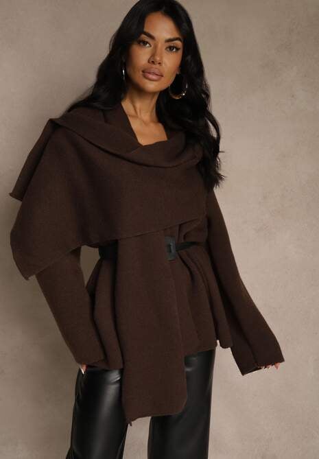 Brązowy Elegancki Kardigan z Wiskozy z Paskiem i Narzutką Roweda