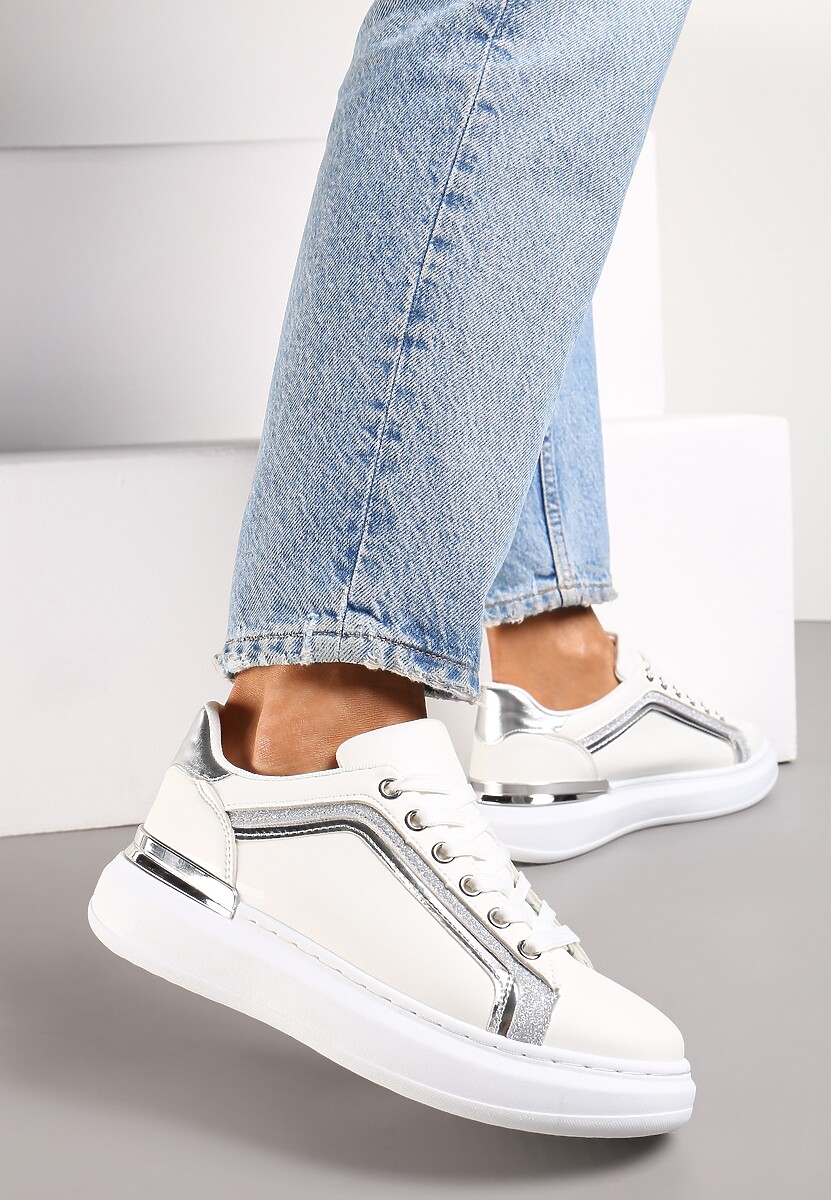 Białe Sneakersy na Grubej Podeszwie z Brokatem Veneli